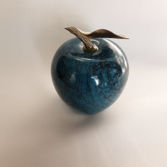 Vintage Green Marble Apple with Brass Leaf and Stem - Picture 1 of 7